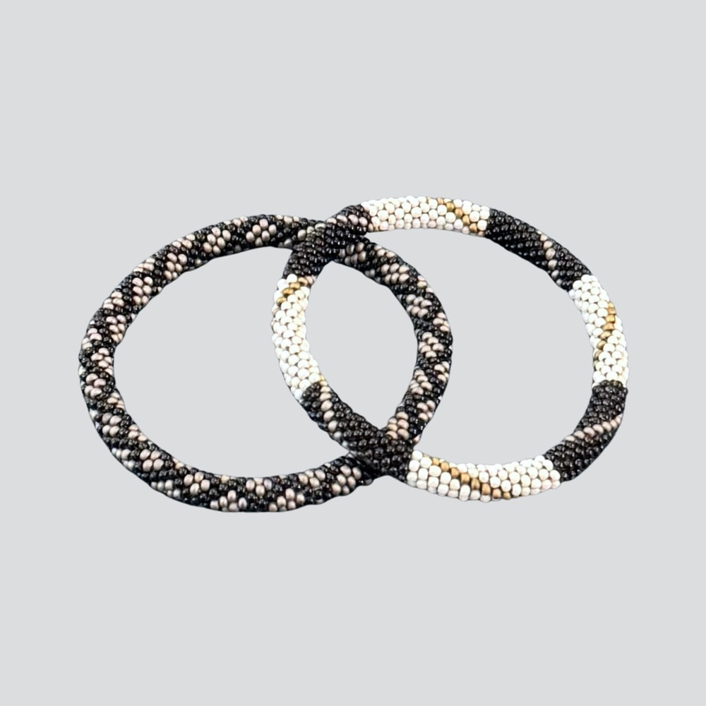 Lily & Laura Set of 2 Beaded Bracelets – Black, White & Gold